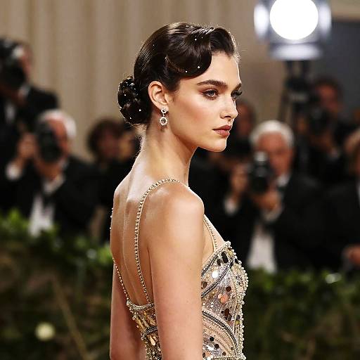 Photograph of a beautiful, fair-skinned woman with dark, slicked-back hair, wearing a sparkling, backless evening gown, and diamond earrings