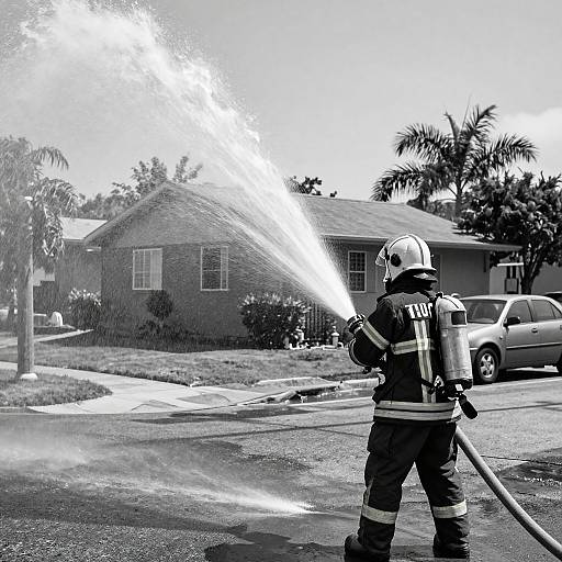 Black-and-white photograph of a firefighter in full gear, spraying water from a hose at a suburban house with palm trees.