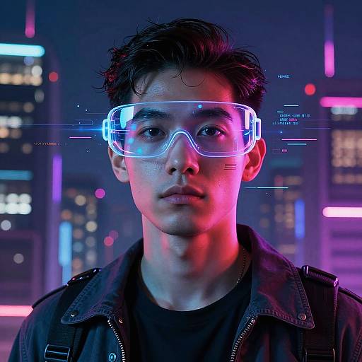 Photograph of a young man with short, dark hair wearing a glowing blue VR headset, black jacket, and black shirt, set against a neon-l