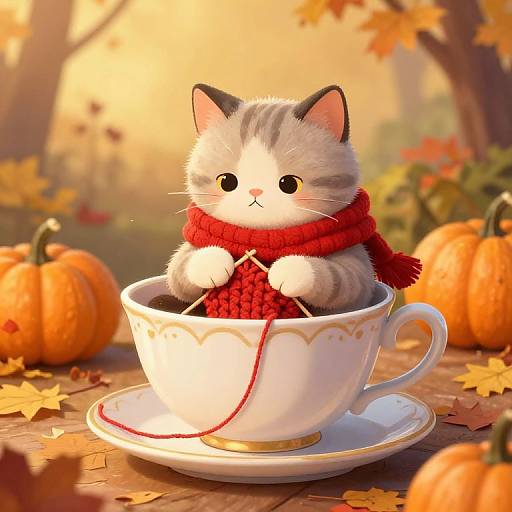 Cute digital illustration of a gray kitten with wide eyes, wearing a red knitted scarf and holding knitting needles, in a white teacup on