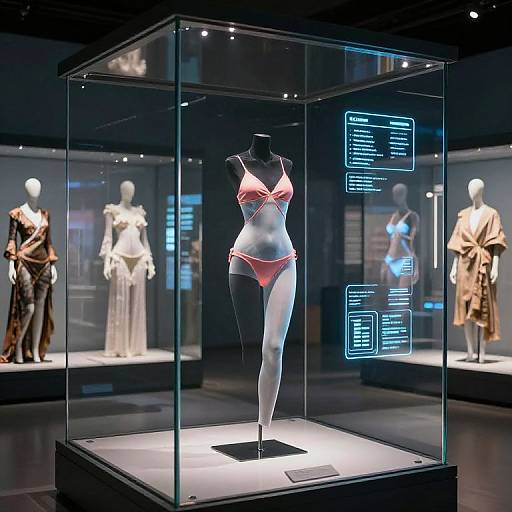 Photograph of a glass display case with a neon-lit mannequin in pink lingerie, surrounded by three other dressed mannequins in a