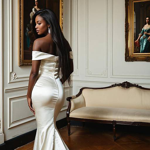 Elegant Woman in White Satin Gown in Classical Interior