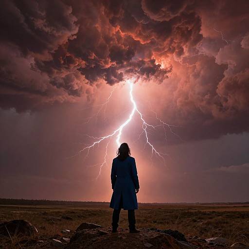 Man Facing Thunderstorm in Blue Coat