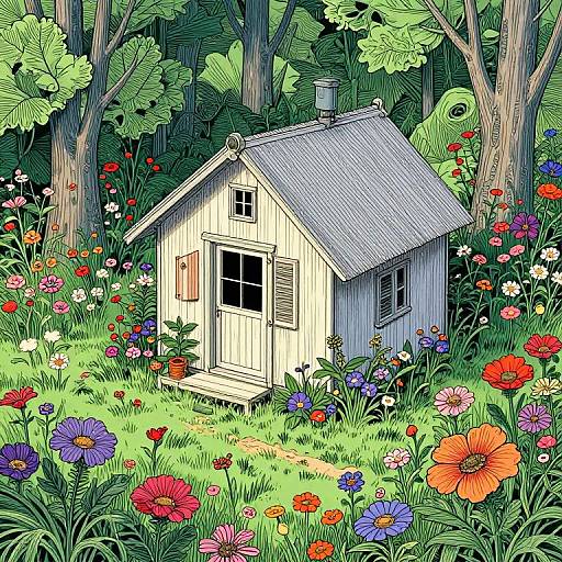 Vibrant digital illustration of a small, white wooden house with a gray roof, nestled in a lush, colorful forest filled with blooming flowers and