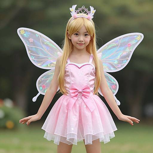 Photograph of a young Asian girl with long blonde hair, wearing a pink fairy dress, translucent wings, and a small crown, standing in a green