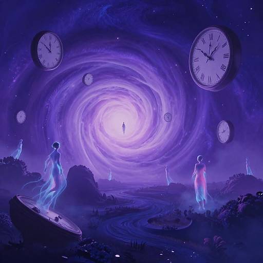 Digital artwork of a surreal, purple-lit, cosmic landscape with glowing silhouettes, swirling vortex, and floating clocks against a starry night sky