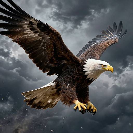 Photorealistic digital artwork of a majestic bald eagle with dark brown feathers, white head, and yellow beak, soaring against a dramatic, cloudy sky