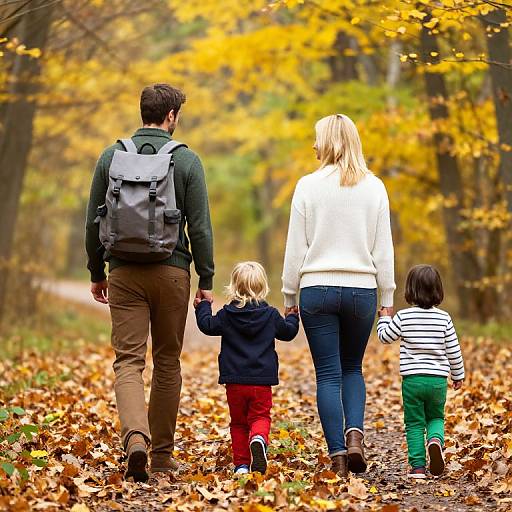 Photograph of a family walking down a leaf-covered autumn path, man with backpack, woman in white sweater, two children holding hands.