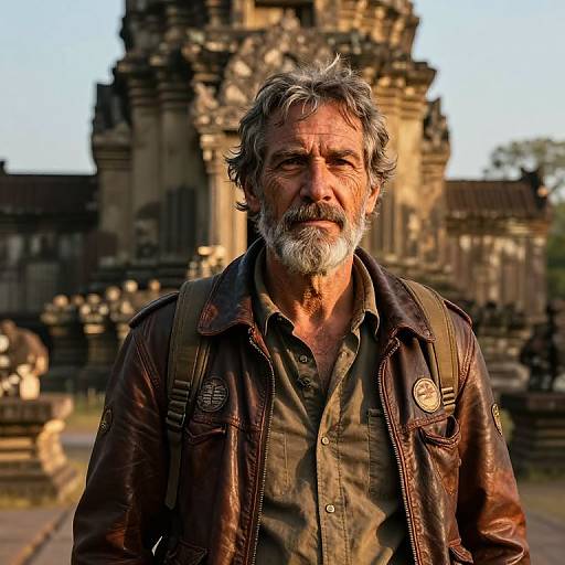 Photograph of a rugged, gray-bearded man with tousled hair, wearing a worn leather jacket and backpack, standing in front of an ancient,