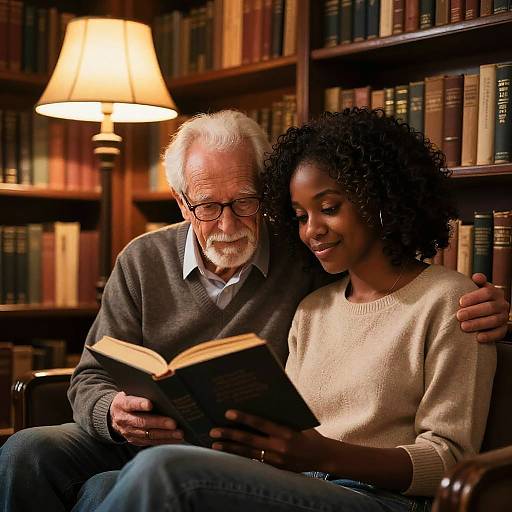Interracial Duo Reading in Vintage Library