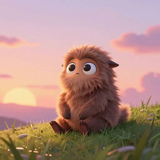 CGI artwork of a fluffy, brown, wide-eyed, cute creature sitting on grass at sunset, with pink and orange sky and scattered flowers.