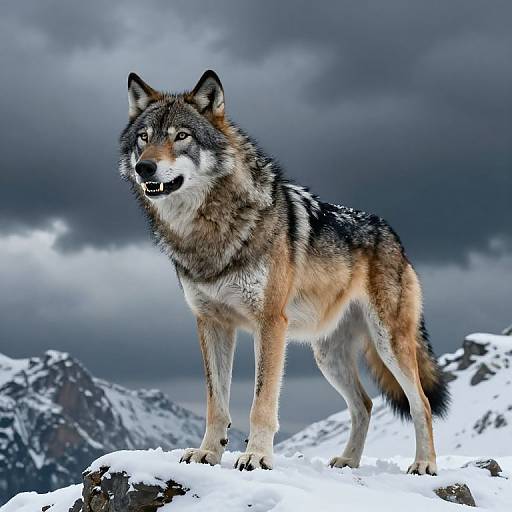 Photograph of a standing, gray and brown wolf with piercing eyes, snow-covered mountainous background, and dark, cloudy sky. Majestic and alert