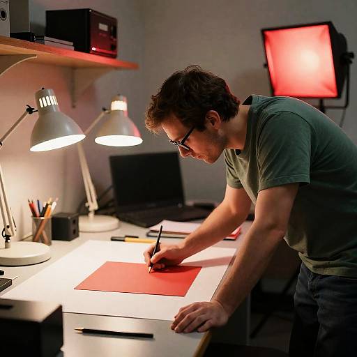 Focused Man at Cluttered Workspace