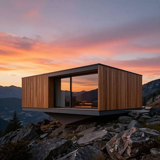 Modern wooden cabin with large glass window, perched on rocky mountain ledge at sunset; vibrant orange and pink sky in background. Photograph.