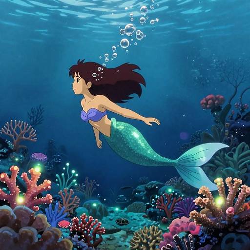 Digital illustration of a purple-clad mermaid with a green, scaly tail, swimming amidst colorful coral reefs and glowing underwater lights.