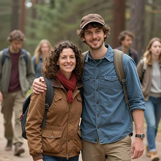 Happy Couple Hiking in Forest