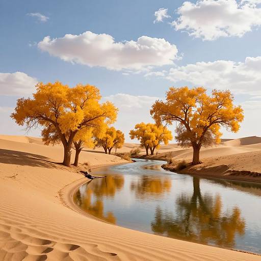 Vibrant Desert Oasis with Golden Trees