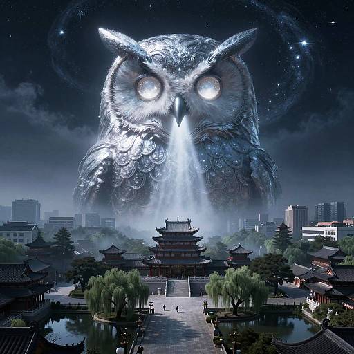 Digital artwork of a giant, glowing, metallic owl looming over a traditional Asian cityscape at night, with illuminated buildings and pagodas below.
