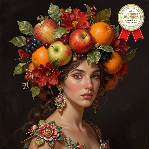 Digital painting of a young woman with fair skin, dark hair, and green eyes, wearing a vibrant fruit and flower crown, adorned with intricate gold earrings