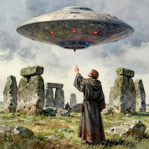 Watercolor-style illustration of a robed figure pointing at a hovering UFO above ancient stone structures in a grassy landscape.