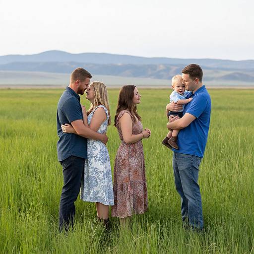 Photograph of a family of five standing in a green grassy field, with mountains in the background, father in blue, mother in floral dress,
