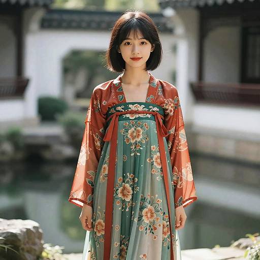 Asian woman with short black hair wearing a red floral kimono and green floral dress, standing in a sunlit traditional garden.