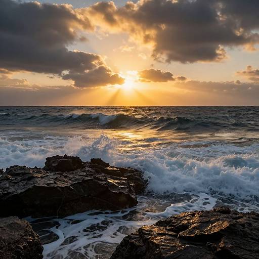 Photograph of a dramatic sunset over a rocky coastline, with vibrant orange and yellow sky, dark clouds, and crashing waves.