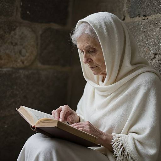 Photograph of an elderly woman with white hair and wrinkles, wearing a white shawl, reading an open book against a dark, stone-walled background