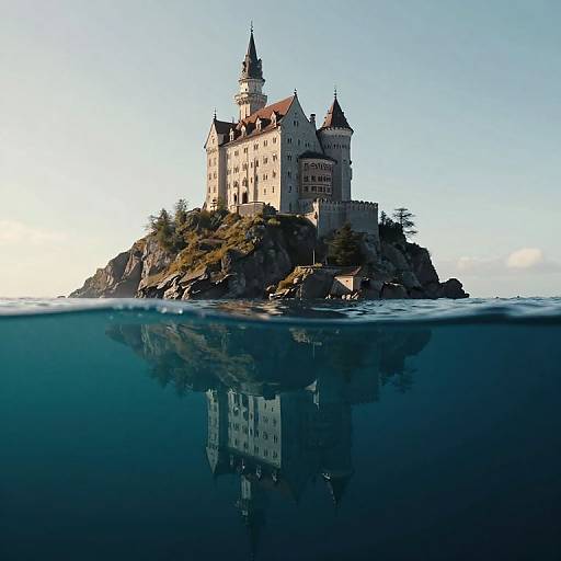 Photograph of a majestic, Gothic-style castle with multiple spires, perched on a rocky island, reflected in clear blue water.