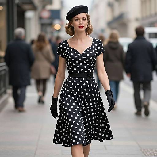 Photograph of a stylish woman in a black polka dot dress, black gloves, and beret, walking on a bustling city street.