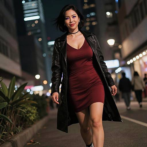 Photograph of a confident Asian woman with shoulder-length black hair, wearing a red dress, black leather jacket, and choker, walking at night in