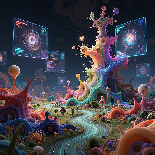 Vibrant, surreal digital artwork featuring colorful, abstract alien landscapes with glowing neon signs, swirling paths, and surreal, tentacled creatures.
