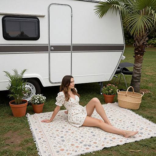 Photograph of a young woman with long brown hair, wearing a white floral dress, sitting on a patterned picnic blanket beside a white RV, surrounded