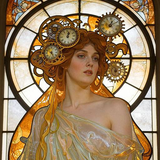Photograph of a fair-skinned, red-haired woman with gears in her hair, wearing a translucent, golden drapery, set against a glowing