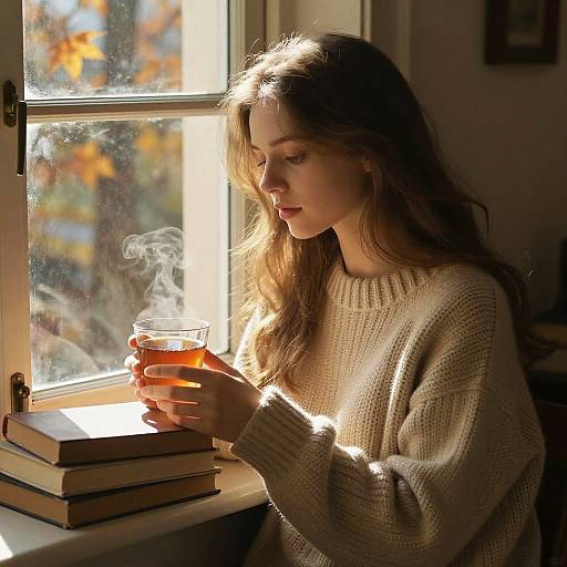 Photograph of a young woman with long brown hair, wearing a beige knit sweater, holding a steaming glass of tea, sitting by a sunlit
