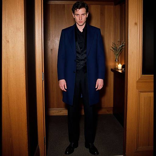 Photograph of a handsome man with curly dark hair, wearing a black suit and shirt, standing in a dimly lit wooden room with candles and a