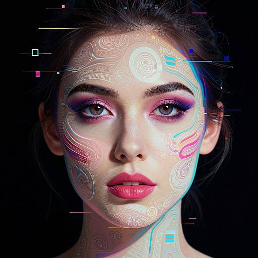Digital portrait of a woman with glowing, cybernetic patterns on her face, vivid pink and blue eyeshadow, and red lips against a black