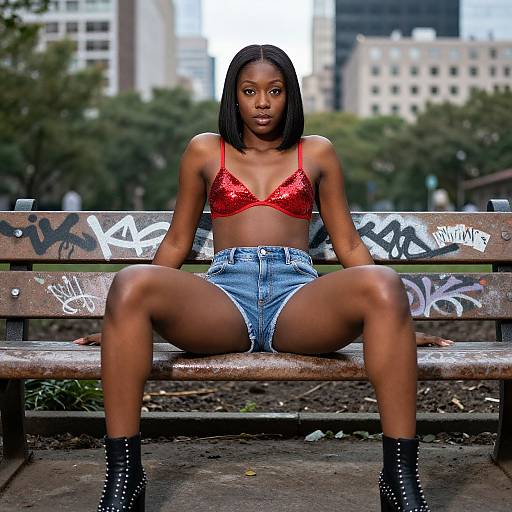 Photograph of a young Black woman with straight black hair, wearing a red sequined bra and high-waisted denim shorts, sitting on a graffiti
