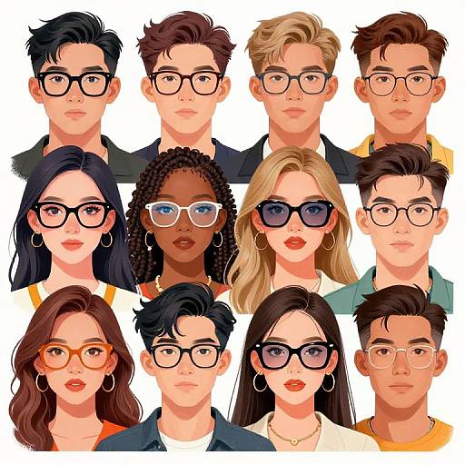 Digital illustration of twelve diverse individuals with various hairstyles, wearing glasses, and different colored frames, arranged in a 3x4 grid.