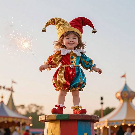 Photograph of a smiling young child in a colorful jester costume with red hat, standing on a multicolored pole, fireworks in background at a