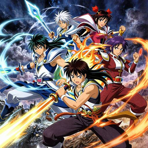 Digital anime artwork of five male warriors with diverse hair colors, wielding glowing swords, surrounded by electric and fire effects, against a stormy sky. Dynamic
