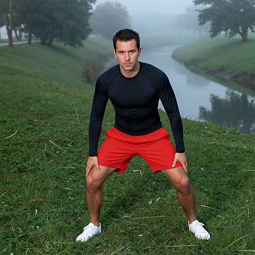 Photograph of a muscular man in a black long-sleeve shirt and bright red shorts, standing in a foggy grassy field with a river