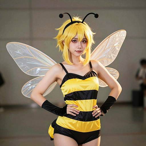 Photograph of a young woman with yellow bob hair, black striped bee costume, translucent wings, antennae headband, and black gloves, standing confidently