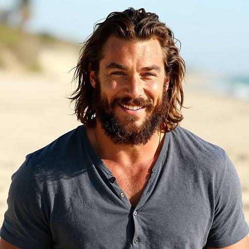 Photograph of a smiling, bearded man with shoulder-length brown hair, wearing a dark blue, short-sleeved, button-up shirt, standing