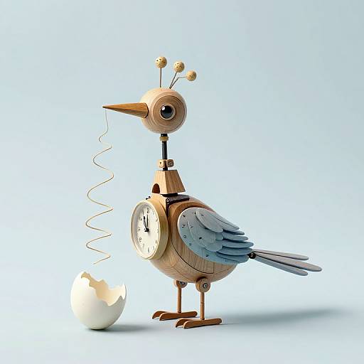 Whimsical, wooden bird robot with clock wings, antennae, and a spiral whisker holding a cracked egg, set against a light blue background