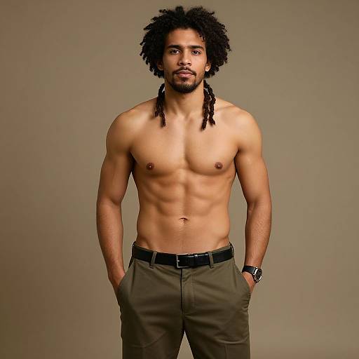 Photograph of a muscular, shirtless, young Black man with dreadlocks, brown skin, toned abs, wearing olive pants and a black belt,