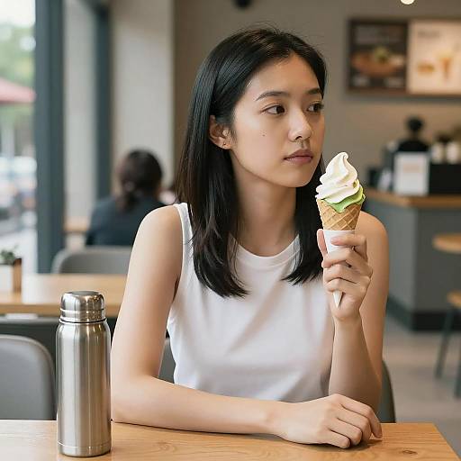 Café Scene with Asian Woman Eating Ice Cream