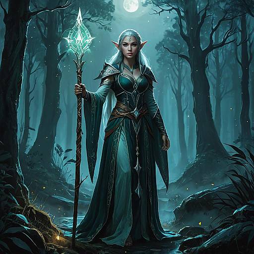 Elven Sorceress in Moonlit Forest