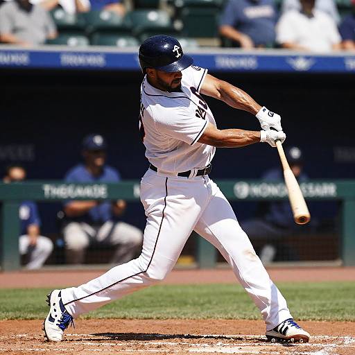 Photograph of muscular male baseball player in white uniform, black helmet, mid-swing, focused expression, sunny day, blurred stadium background.