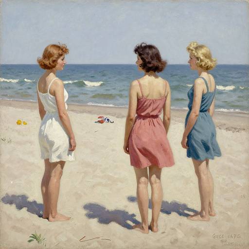Oil painting of three women in summer dresses, standing barefoot on a sandy beach, facing the ocean, with gentle waves.